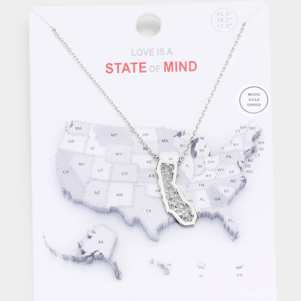 Silver White Gold Dipped California Map State Pendant Necklace Chain Jewelry